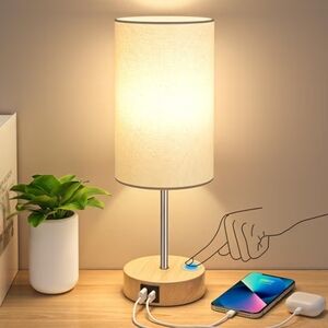 Modern Beige Table Lamp with USB Charging Ports